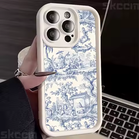 Blue Retro Tea Break And Flower Pattern Case For Samsung Galaxy S25 S24 S23 S22 Ultra S21 Plus S20 FE A15 A35 A54 A55 Cover
