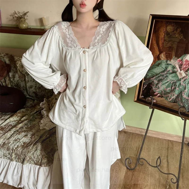 

White Lace Trim Sleepwear Sexy Home Clothes Island Velvet Warm Loungewear Pijama Mujer Woman Pajamas Set 2Pcs Nightwear