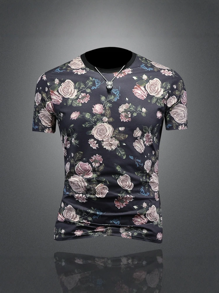 

Мужская футболка с круглым вырезом и цветочным принтом, приталенная, летняя, новая, в стиле ретро, от элитного бренда, дышащая, современная, стильная, топовая модель