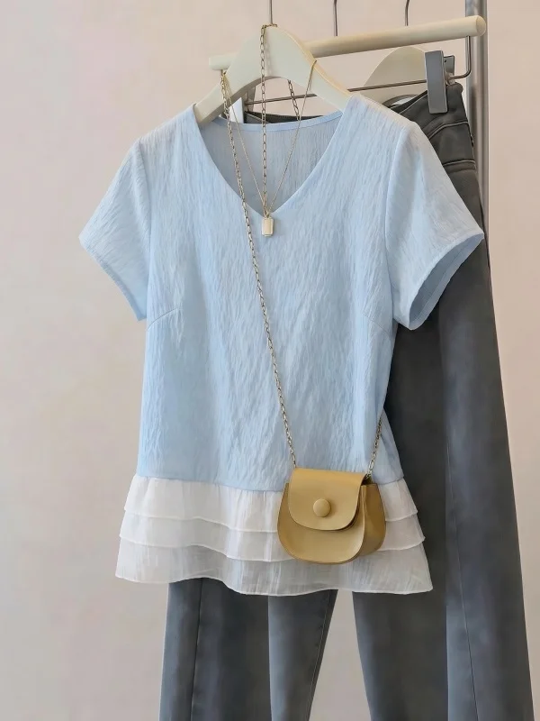 

Light Blue V-Neck Short Sleeve Shirt Women's plus Size Summer New Style Bell Bottoms Casual Korean Style Commute Wind Shirt