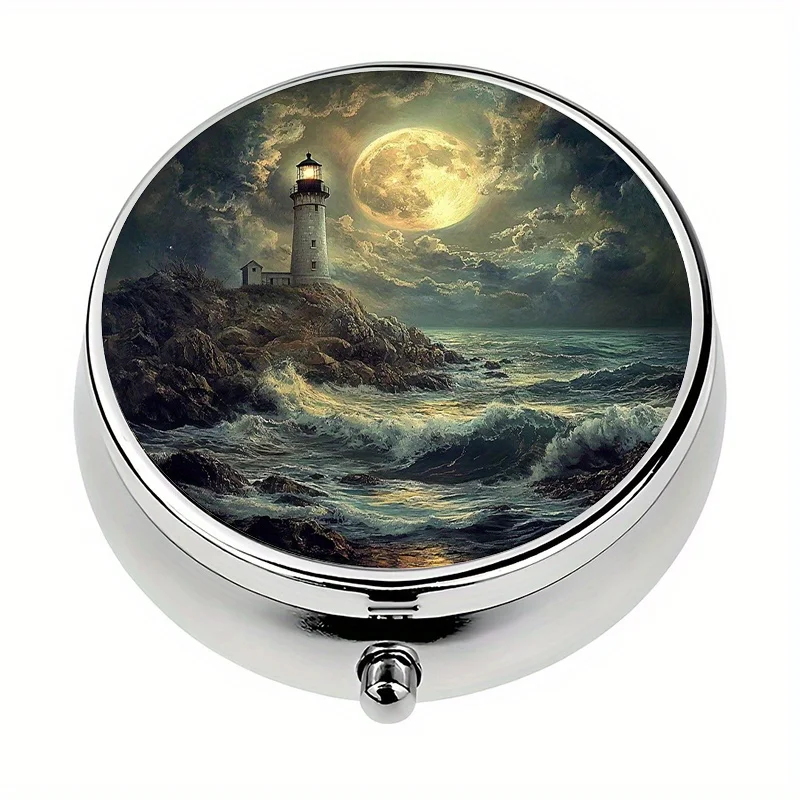 1 three-compartment pill box, ocean lighthouse theme, mini pill container, pill organizer, unique travel gift