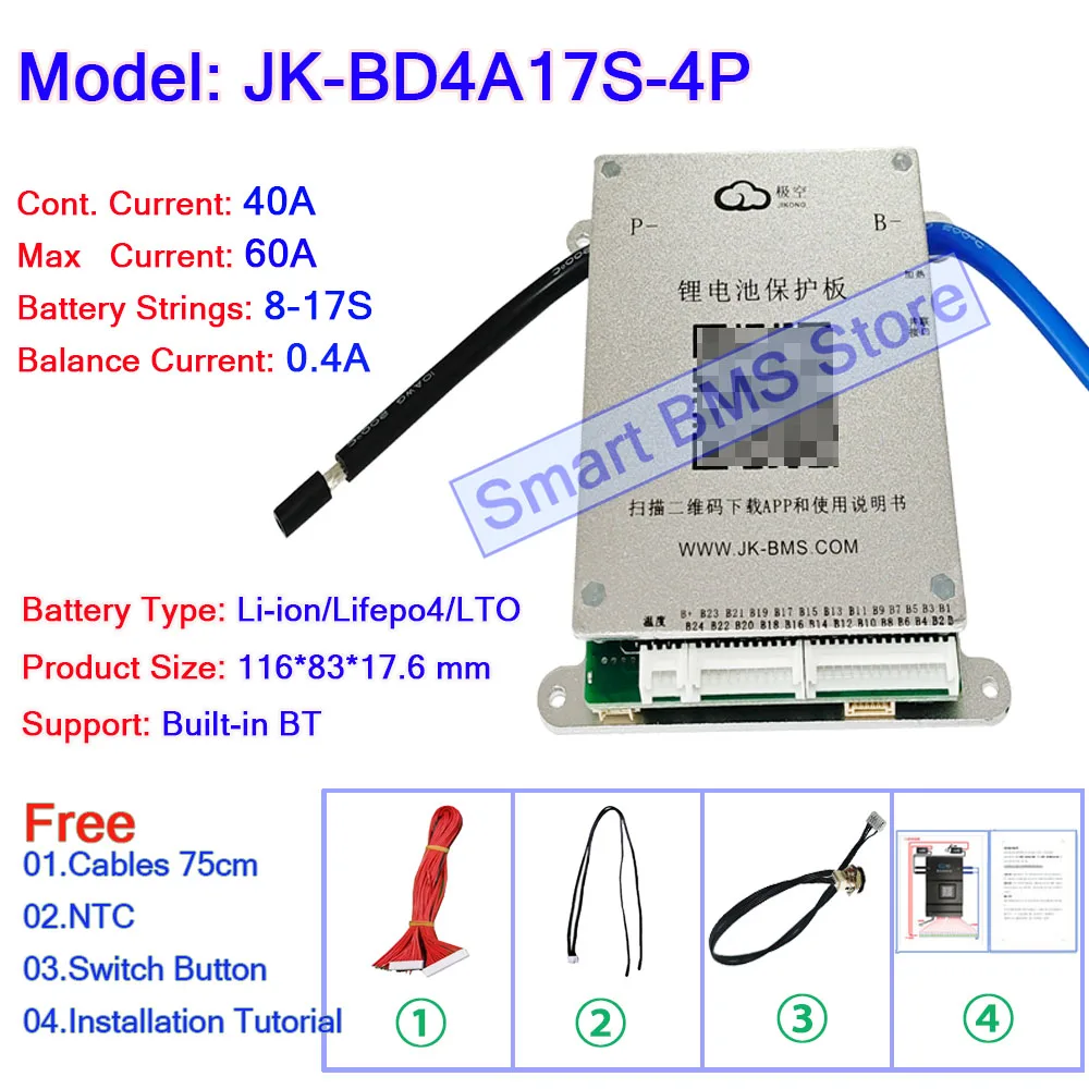 Jikong Smart JK BMS 0.4a 40a 40 AH 40AH Active Balance BD4A17S4P BD4A20S4P BD4A24S4P Li-Ion Lifepo4 8s 13s 17s 20s 24s 72V RS485