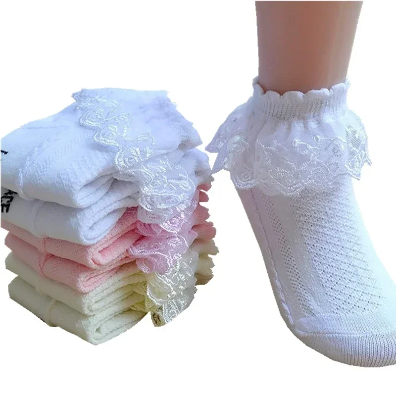 Calcetines tobilleros de algodón para niña, medias cortas de malla con volantes de encaje, color blanco, rosa y amarillo