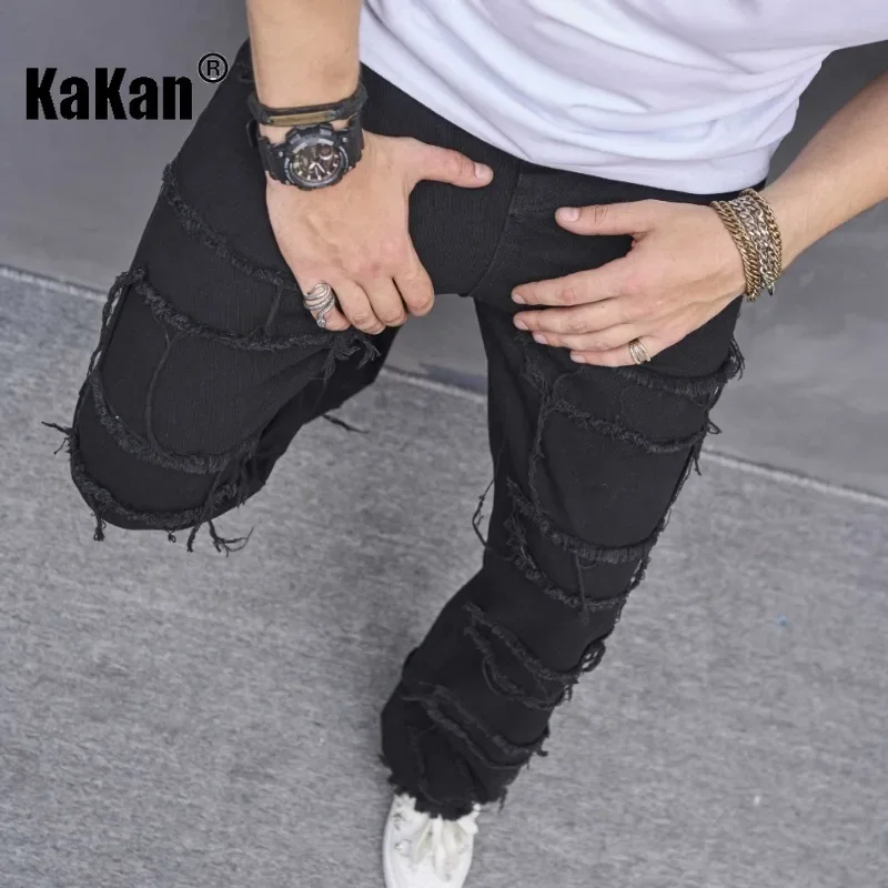 Kakan - New European and American Micro La Style Pure Black Jeans for Men, Trendy Straight Length Jeans K78-505