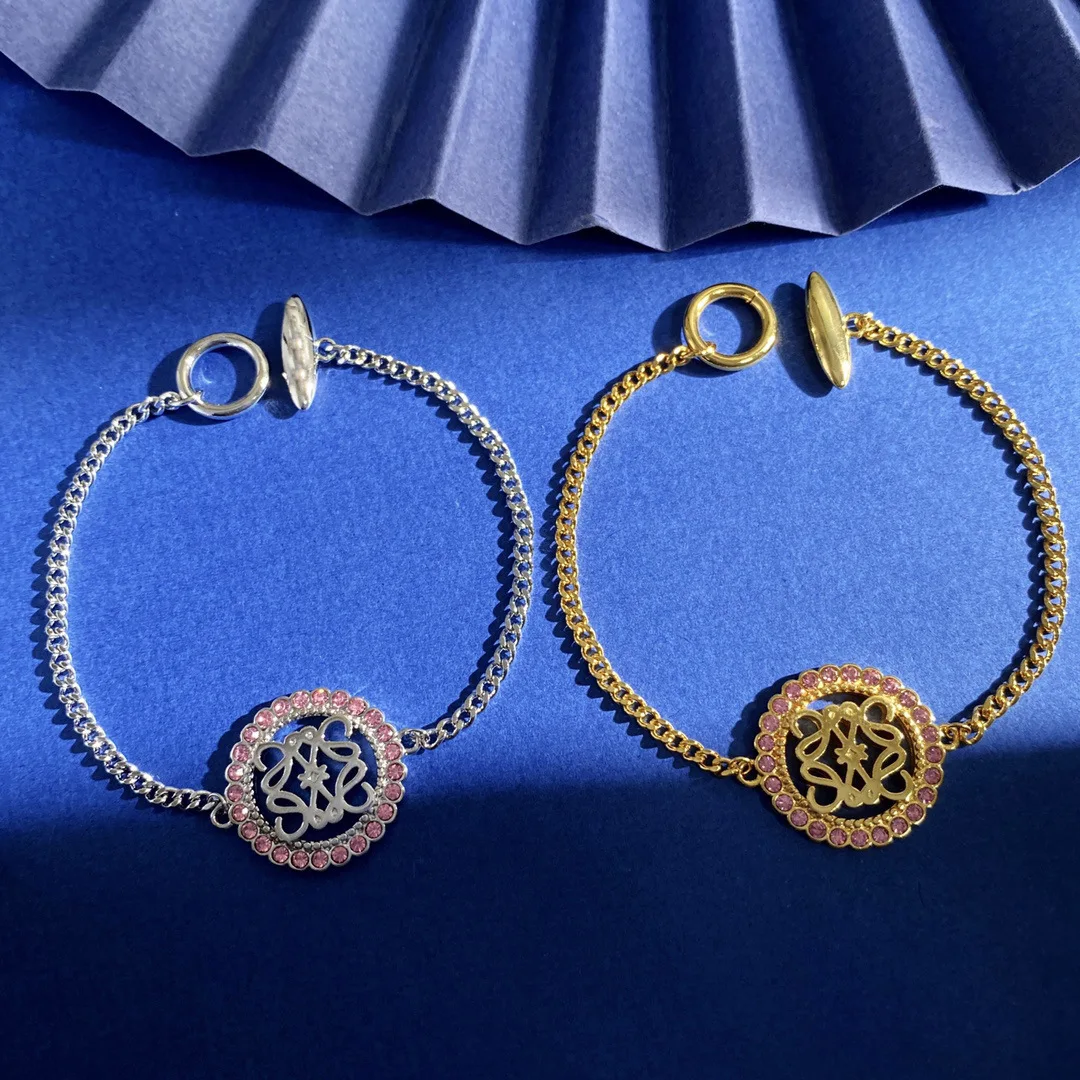 

Eco-Friendly Bracelet with Hollowed-out Disc Pendant with Pink Crystal For Women Fashion 18K Gold Plated Wrist Chain Lady Gift