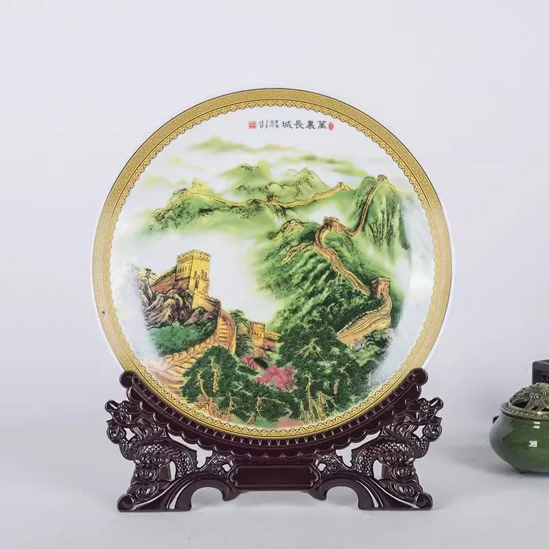 

Ceramic decoration, dragon frame, double dragon head display bracket, hanging plate decoration, wooden base, circular disc, wood