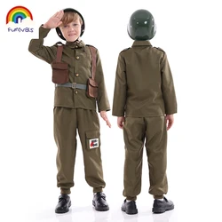 Army Soldier Costume Kid Military Uniform WWII Disguise with Helmet Boy Dress Up Halloween Cosplay Outfit