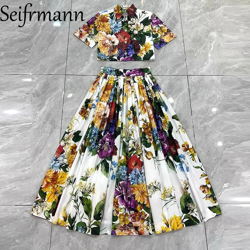 Seifrmann Fashion design Abito da donna Colletto rovesciato Top monopetto a maniche lunghe + Gonna a pieghe Stampa in cotone Set da 2 pezzi