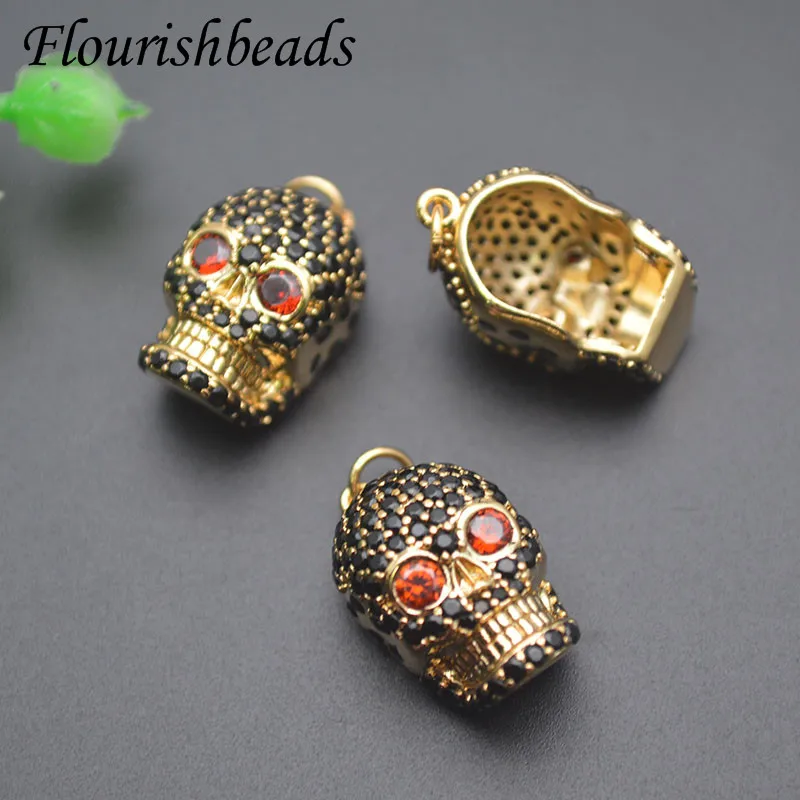 12x17mm Luxury Paved Black CZ Beads Gold Color Metal Skull Head Charms Pendant  DIY Jewelry Making