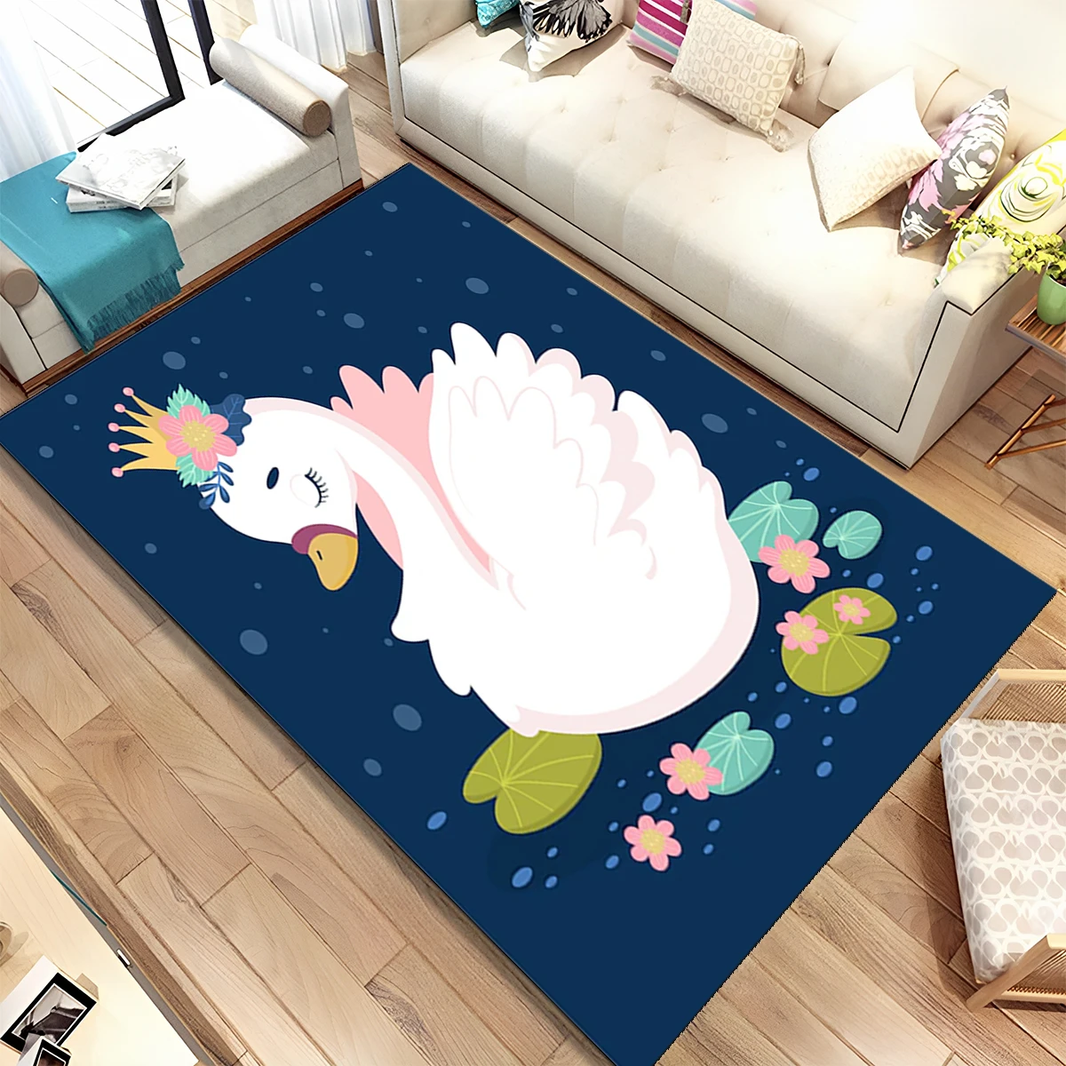 HD 만화 귀여운 백조 백조 지역 러그, 거실 침실 소파 도어 매트 장식 카펫 러그, 어린이 놀이 미끄럼 방지 바닥 매트 3D
