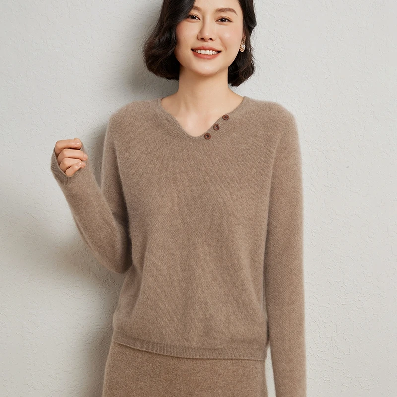 

Elastic And Warm 100% Merino Wool Pullover Sweater Women V-Neck Long Sleeve Knitwear Basic Elegant Fashion Clothing Tops