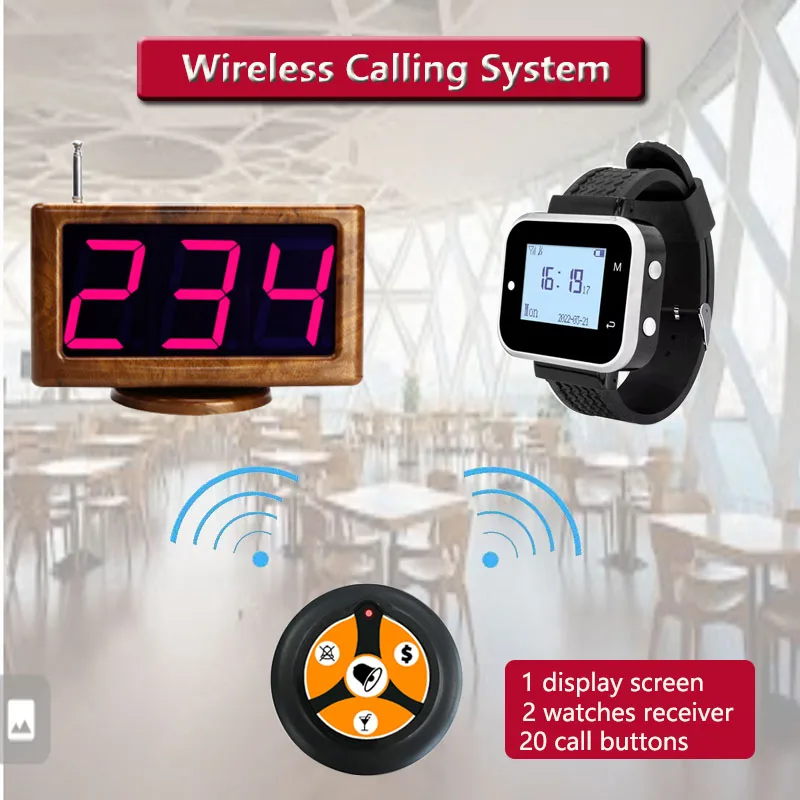 QWICALL 2 Watch Receiver 20 Call Button 1 Screen Wireless Waiter Calling System For Restaurant Service Pager System Bell