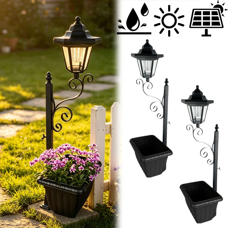 

Wrought Iron Solar Lamppost with Planter Waterproof Outdoor Floor Stake Light for Garden Patio Walkway Landscape Ambiance Decor