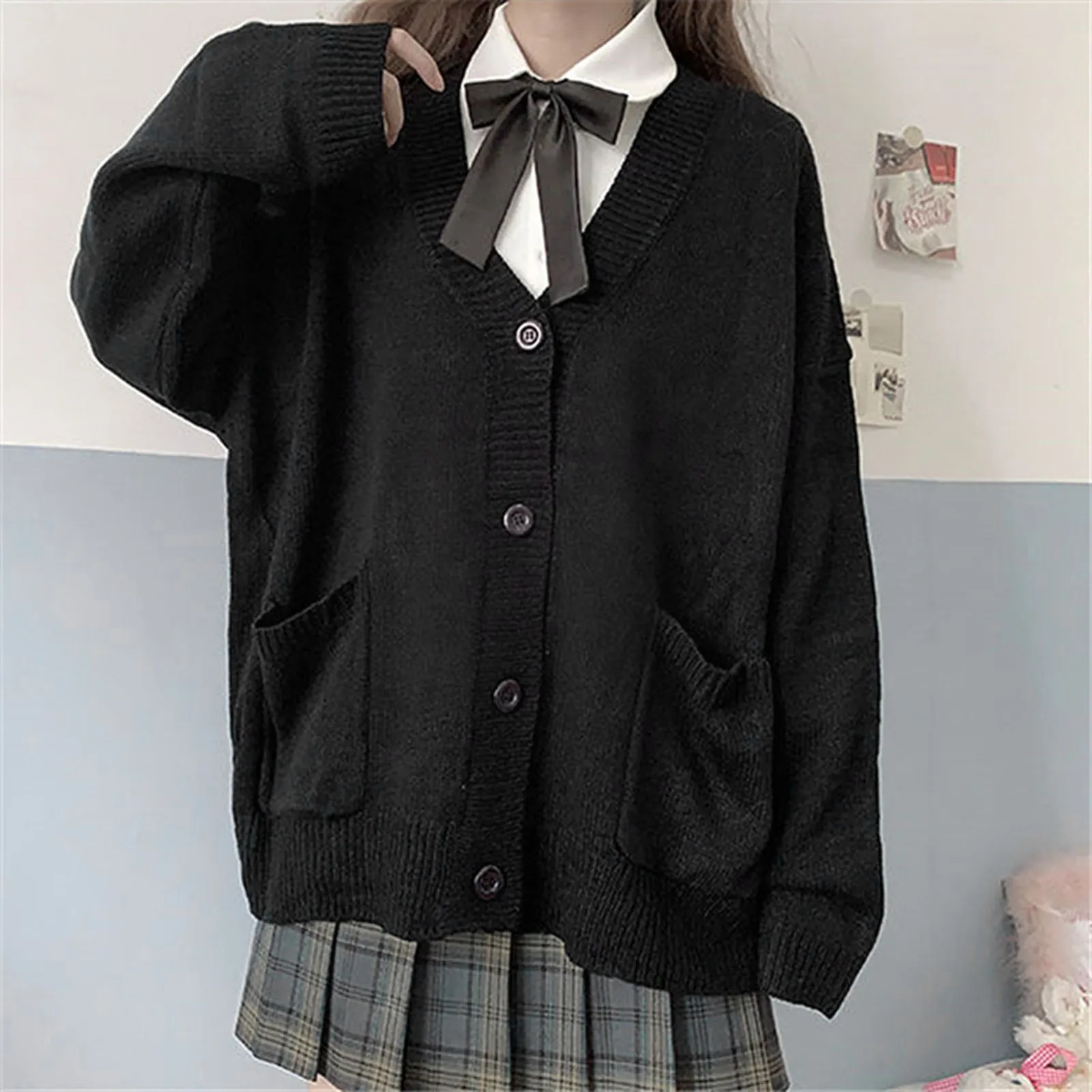 Japanese Cute Cosplay Knitted Cardigan Sweater Women Long Sleeve Button Down Old School Jacket Fashion Loose Solid Sweaters