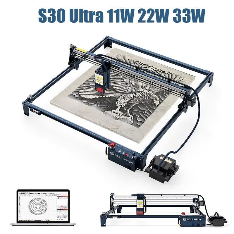 SCULPFUN S30 Ultra 33W /22W/11W Engraving machine Automatic Air-assist System Replaceable Lens 600x600mm Engraving Area