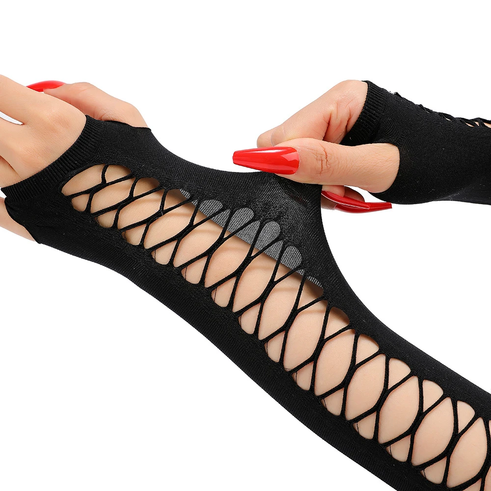 Vintage Party Cosplay Mesh Stretch handschuhe Nachtclub tanzen Halb finger Spaß Netz handschuhe Frauen lange gebrochene Loch Arm Ärmel