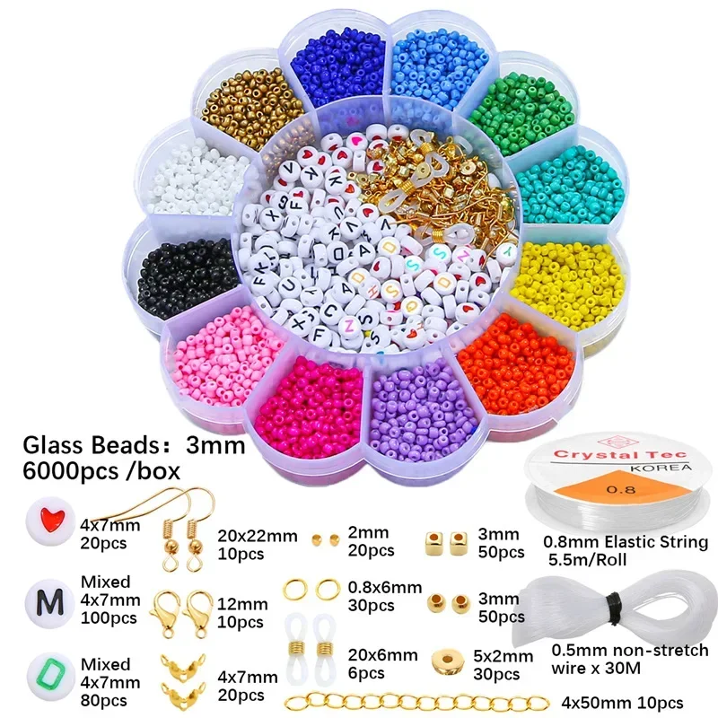 6000pcs Pony Ball Set with 12colors with letter beads and elastic rope, suitable for multi-color bracelet beads, braid beads, ha