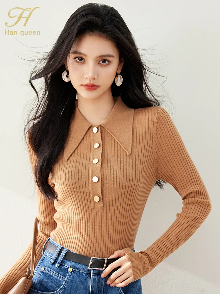 H Han Queen Autumn Winner Pullovers Korean Style Women's Clothing Vintage Casual Stretch Knitted Sweaters Women Long Sleeve Top