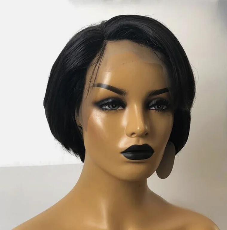 Wig hitam lurus pendek renda depan T bagian 100% Wig rambut manusia pakaian pesta sehari-hari