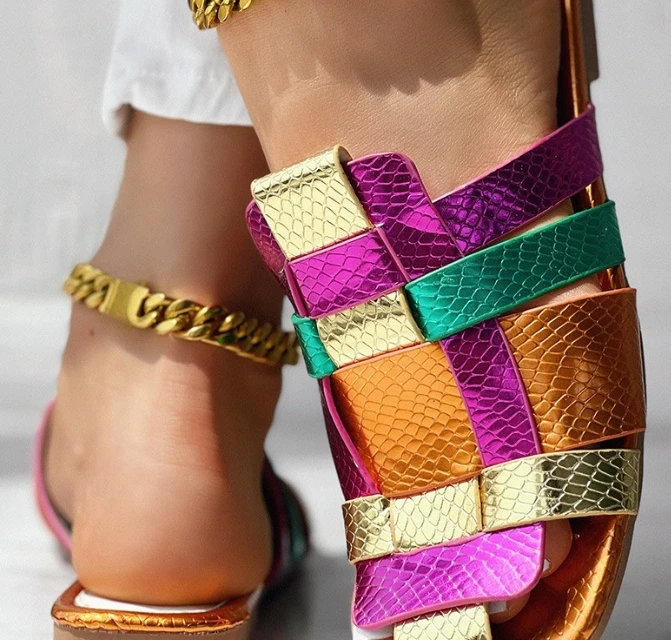 Colorful spliced square toe slippers