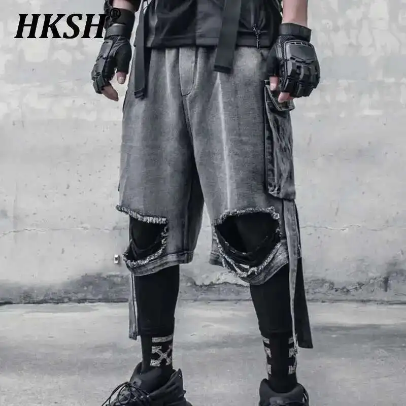 

HKSH Нишевый дизайн Винтажные джинсы Весна Лето Новые уличные тактические джинсовые брюки средней длины с большими карманами Стирка шика HK1078