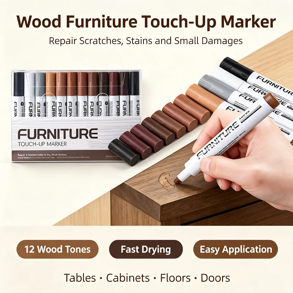 12 Colors Wood Composite Grain Paint Furniture Touch-up Markers Pens Wood Floor, Furniture, Scratch Coloring Repair Paint Pens