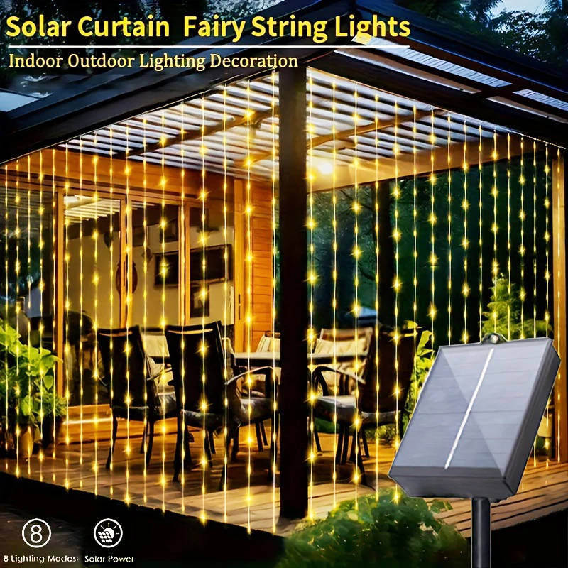 

Outdoor Solar Curtain LED Light String Camping Party Pavilion Atmosphere Lighting Garden Pergola House Backyard Decoration