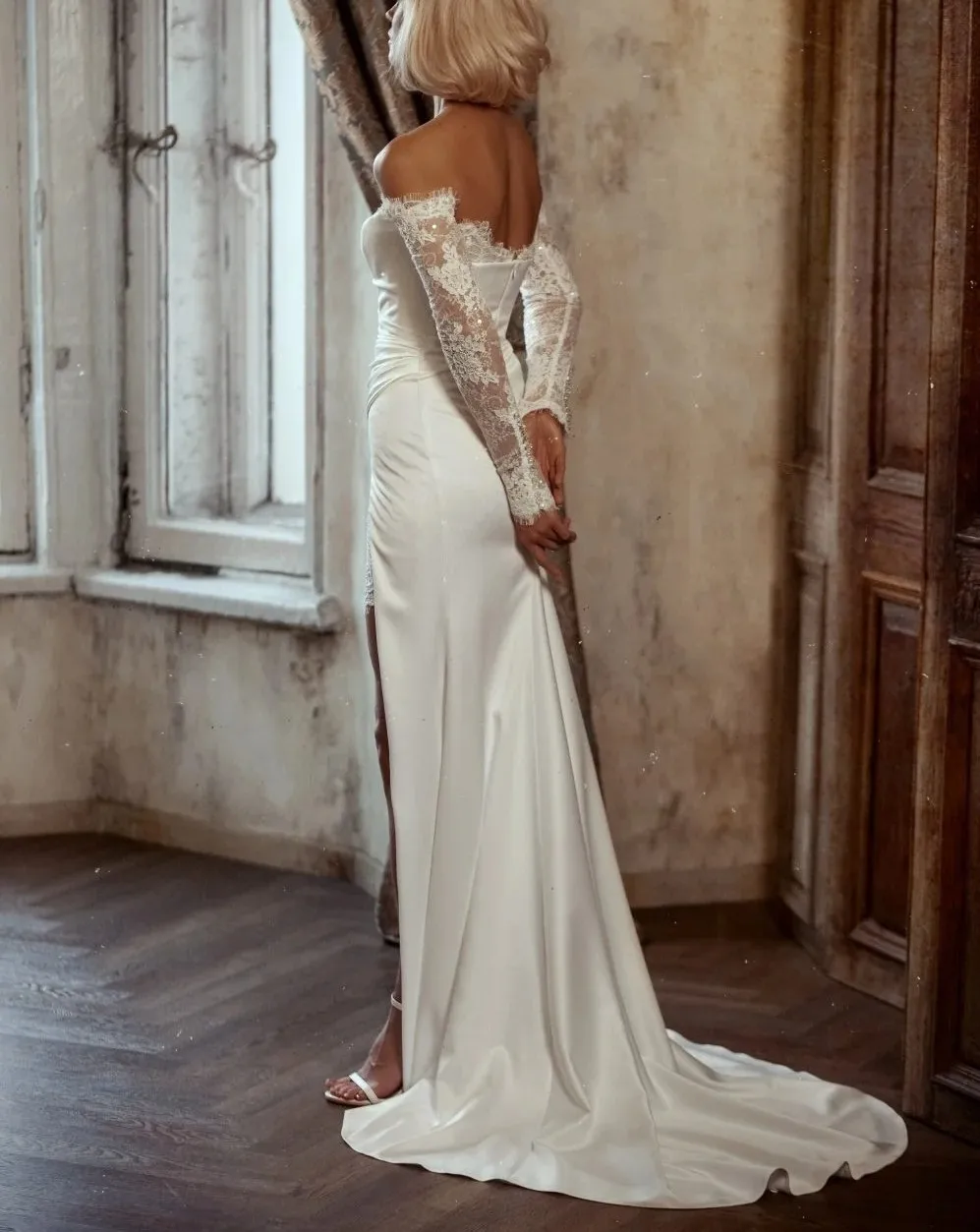 Abito da sposa classico a sirena 2026 con spalle scoperte e spacco alto maniche lunghe in raso di pizzo abiti da sposa da sposa abiti da noiva