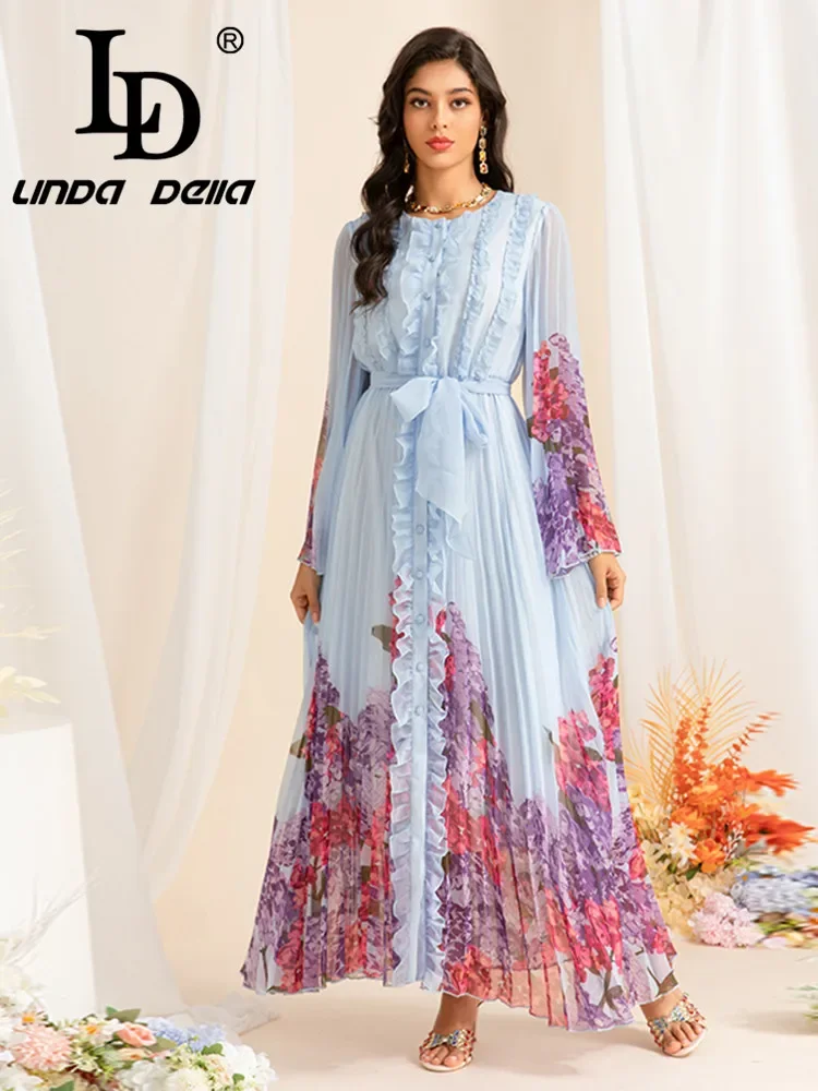 LD LINDA DELLAEuropean Style Star With Round Neck Long Sleeve With Wooden Ear Edge Pleated Printed Large Swing Women's Dress