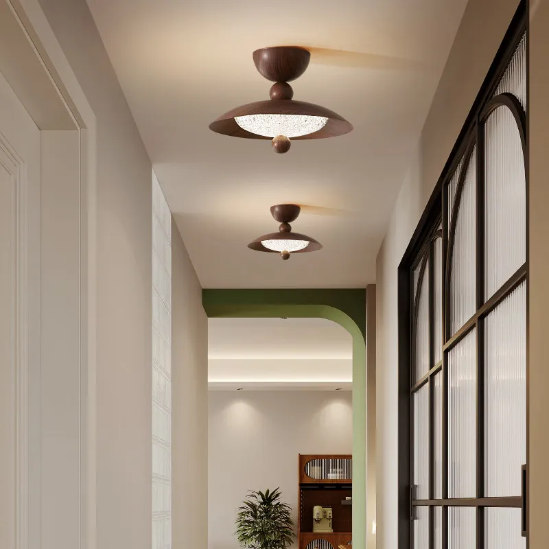 Spherical Walnut Brown Iron Ceiling Lamp Saucer Shade Cracked Acrylic Flush Light For Entryway Bedroom Aisle Home Lighting