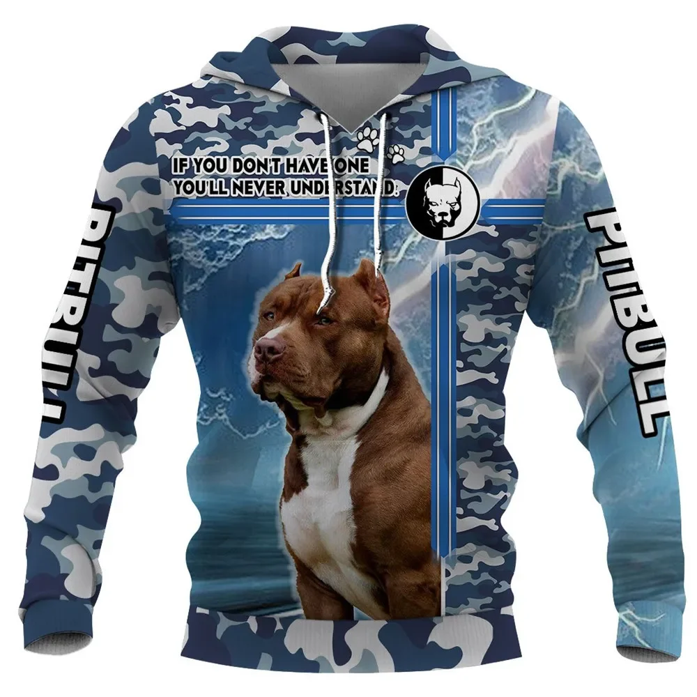 

HX Pitbull Pocket Hoodie 3D Graphic Синие камуфляжные толстовки Модный мужской пуловер Топы Harajuku Уличная одежда Спортивная одежда