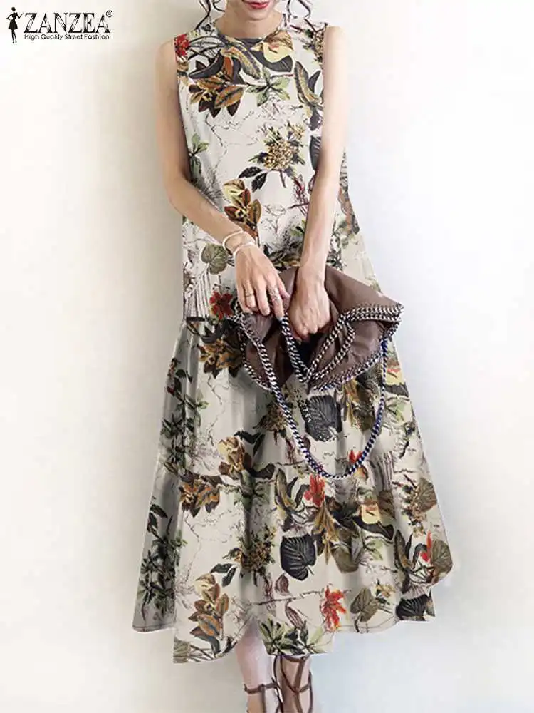 ZANZEA Summer Fashion Floral Printed Dress Women Bohemain Holiday Sundress Casual Sleeveless Maxi Vestidos Female Ruffles Robe