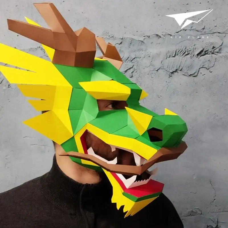 Dragon King Mask Full Face Handmade DIY Paper Model 2024 Dragon Year Lucky, Dominant Wearable Cos Performance Head Set