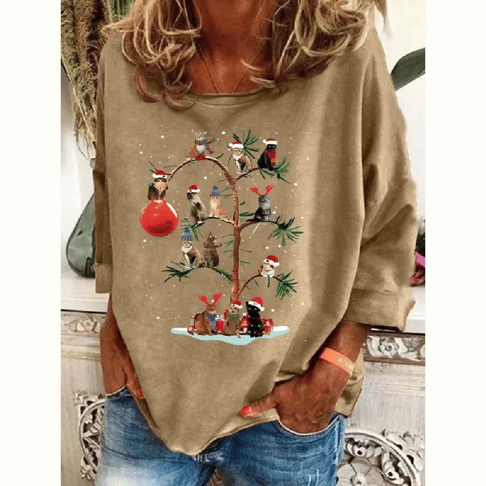 Women\'s Christmas Print Long Sleeve Cotton T-Shirts Christmas Print Top Casual Women\'s Oversized Clothes Autmun Crew Neck Tops