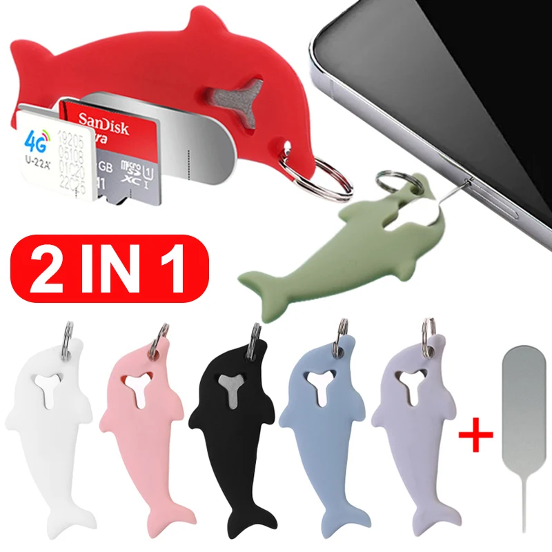 SIM Card Removal Needle Pin Creative Dolphin Shape Anti-lost Tray Opener Keychain Rings Phone SIM Card Storage Case Ejecter Tool