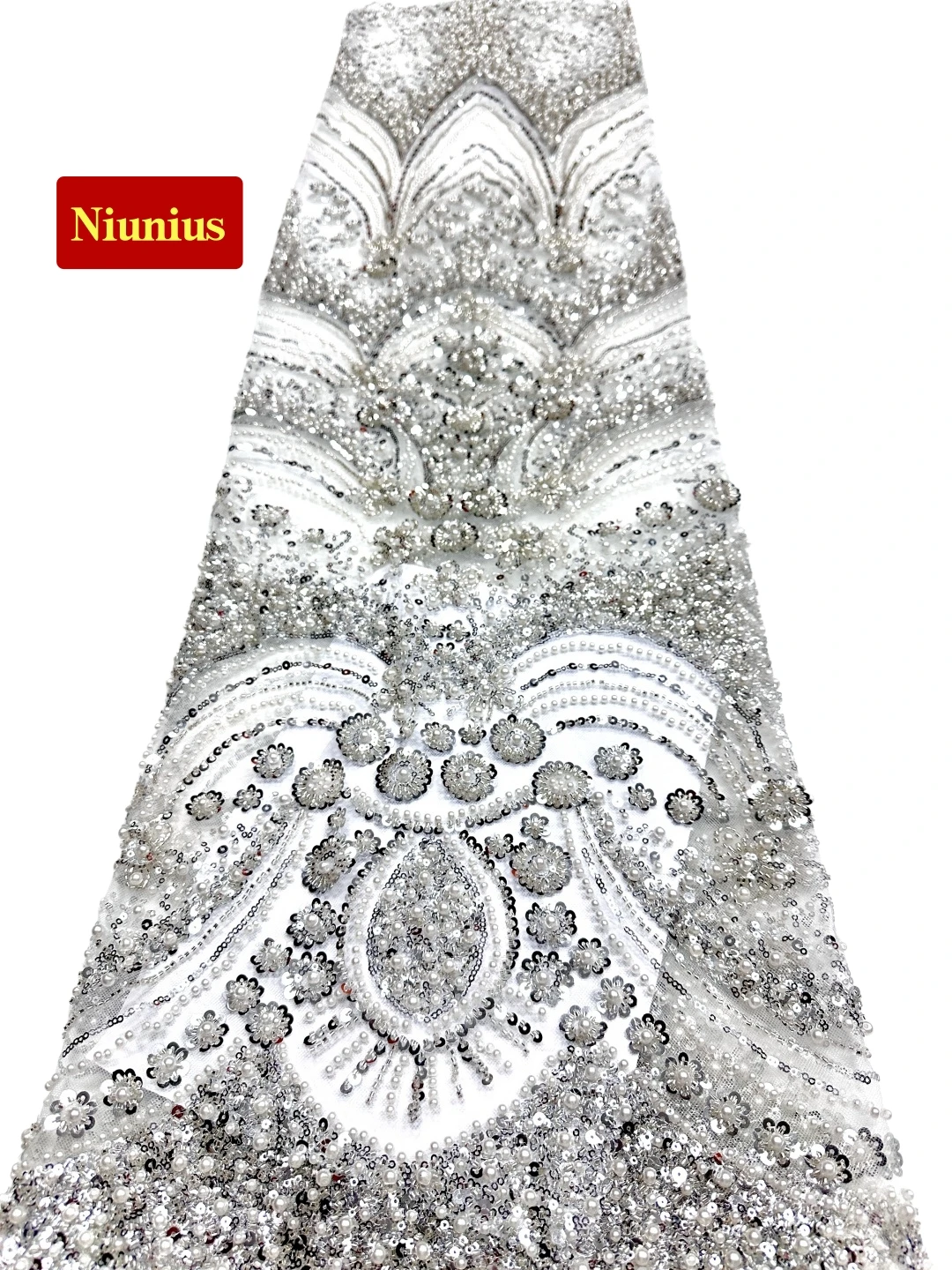 

2026Luxurious White Soft Mesh Beaded Lace Fabric with Stones Elegant High-Quality Tube Lace for Wedding&Evening Dress NN5286_R