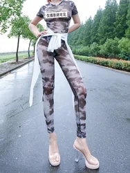 Pants Set Sports Tight Pants Camouflage Mesh Transparent Sexy Exercise Yoga Tie-dye Hot Sexy T Shrit 2023 Women Set Sweet J4SI