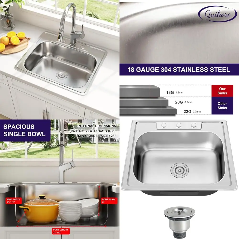 

Stainless Steel Single Bowl Kitchen Sink 25x22 Topmount 18 Gauge with Strainer and Three Holes, 8 Inch Depth