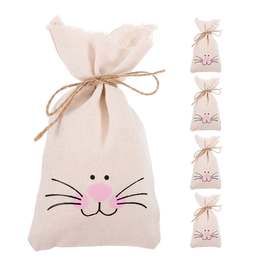 

5 Pcs Bunny Ears Candy Bag Favor Bags for Spring Party Birthday Cloth Canvas Drawstring Treat Easter Linen Treats Burlap Tea