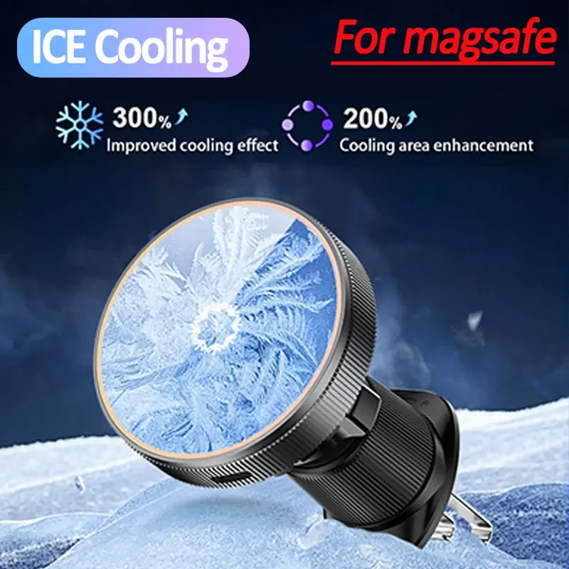 ice Cooling Magnetic Wireless Car Charger for MagSafe iPhone 16 15 14 13 12 Pro Max Night Light Car Phone Holder Fast Charging