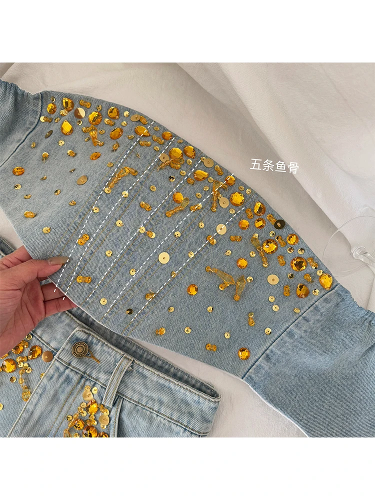 Summer Women Birthday Rave Idols Korean Fashion Gyaru Y2k Coquette Denim Outfits 2-częściowy zestaw Cekinowy top + Damage Mini spódniczka