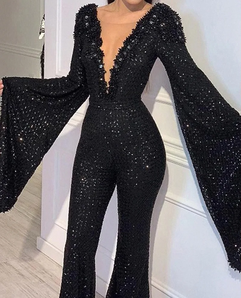 Women Jumpsuit Sequin Elegant Casual Women's V-neck Bat-sleeved Top Black Solid Straight Fashion Long Jumpsuits