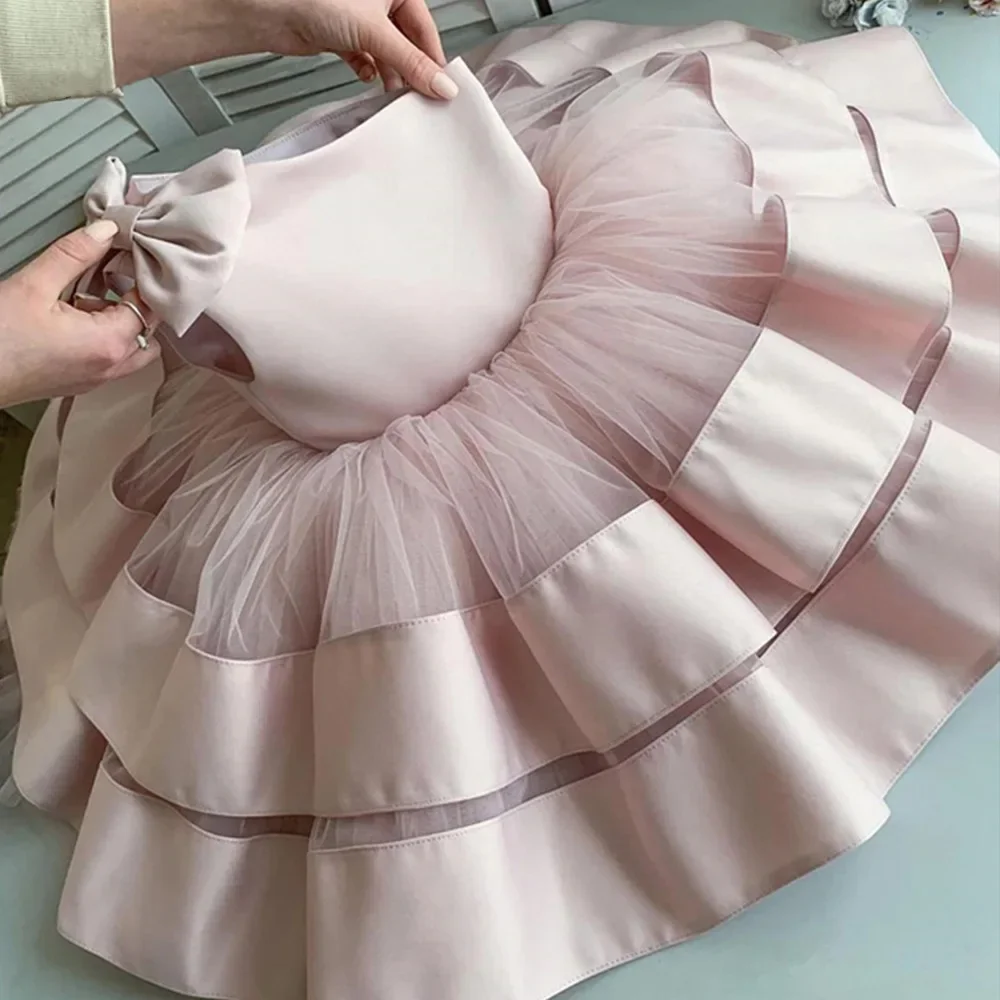 ワンショルダー女の赤ちゃんパーティードレスピンクホワイトキッズプリンセスガウンチュールリボンレイヤー子供服誕生日アウトウェア-2-13y