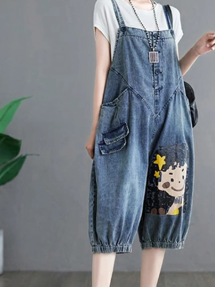 DENIM Jumpsuits ผู้หญิงวินเทจเกาหลีสไตล์ One Piece ชุดลําลอง Cropped Rompers พิมพ์โคมไฟกางเกงยีนส์ฤดูร้อนเสื้อผ้าผู้หญิง