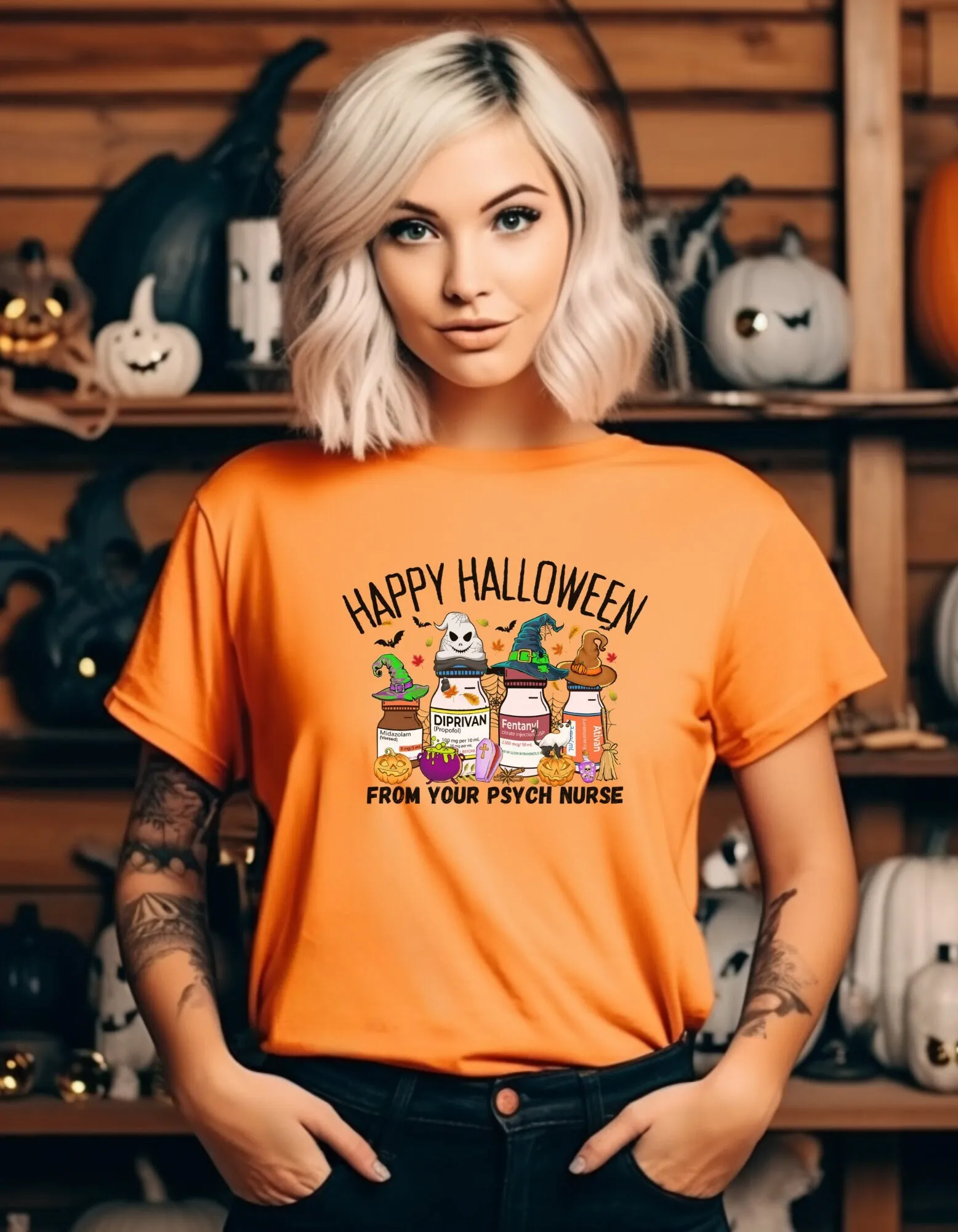 Halloween Psych Nurse Meds T Shirt Ward Fall Ghost Witch Skeleton Pumpkins Haunted