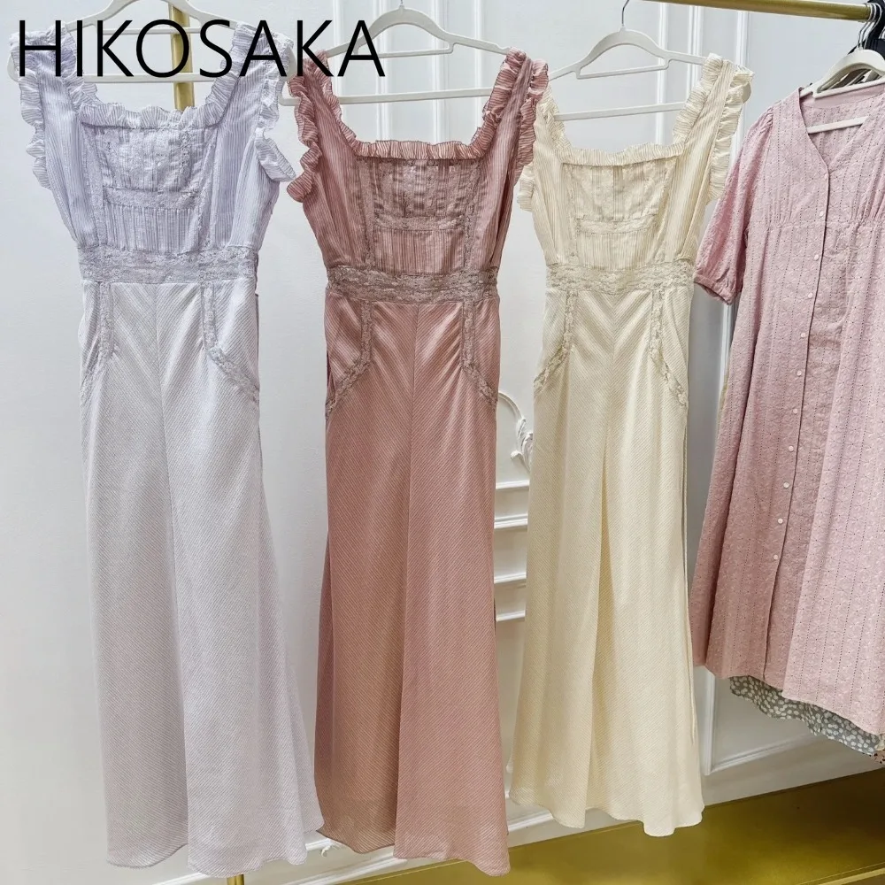 

Japan Style Square Collar Ruffled Sweet Women Dress Lace Jacquard Striped Slim Fit Sleeveless Robe Female 2025 Summer Vestidos