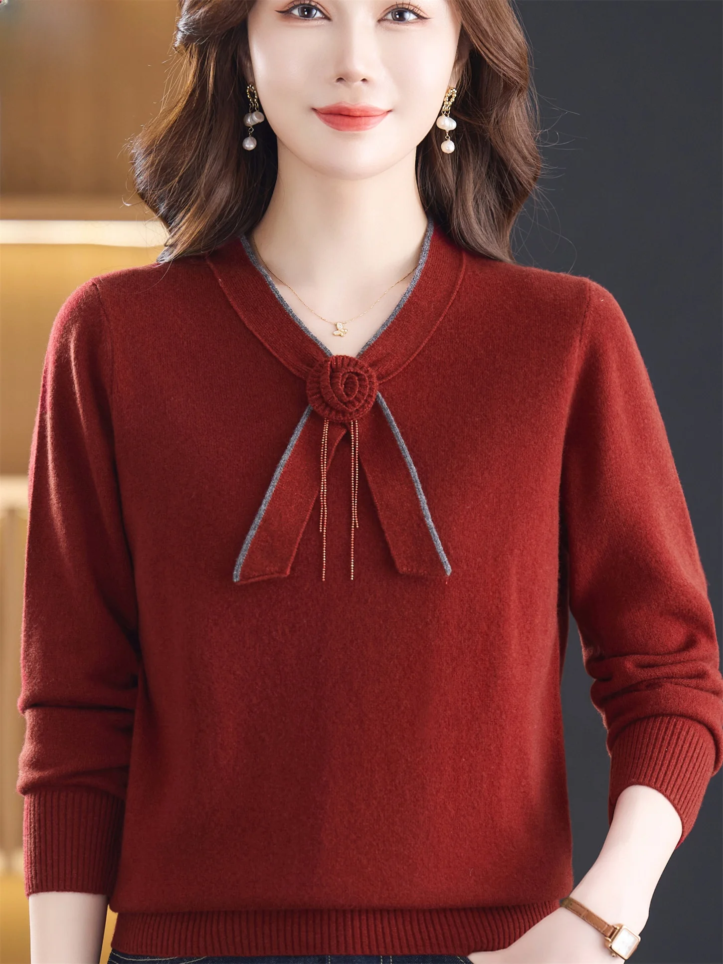 

Faionable Autumn Winter Knitted Sweater for Women with Knot V Ne 00 Pure Wool Base irt Breathable Casual Wear