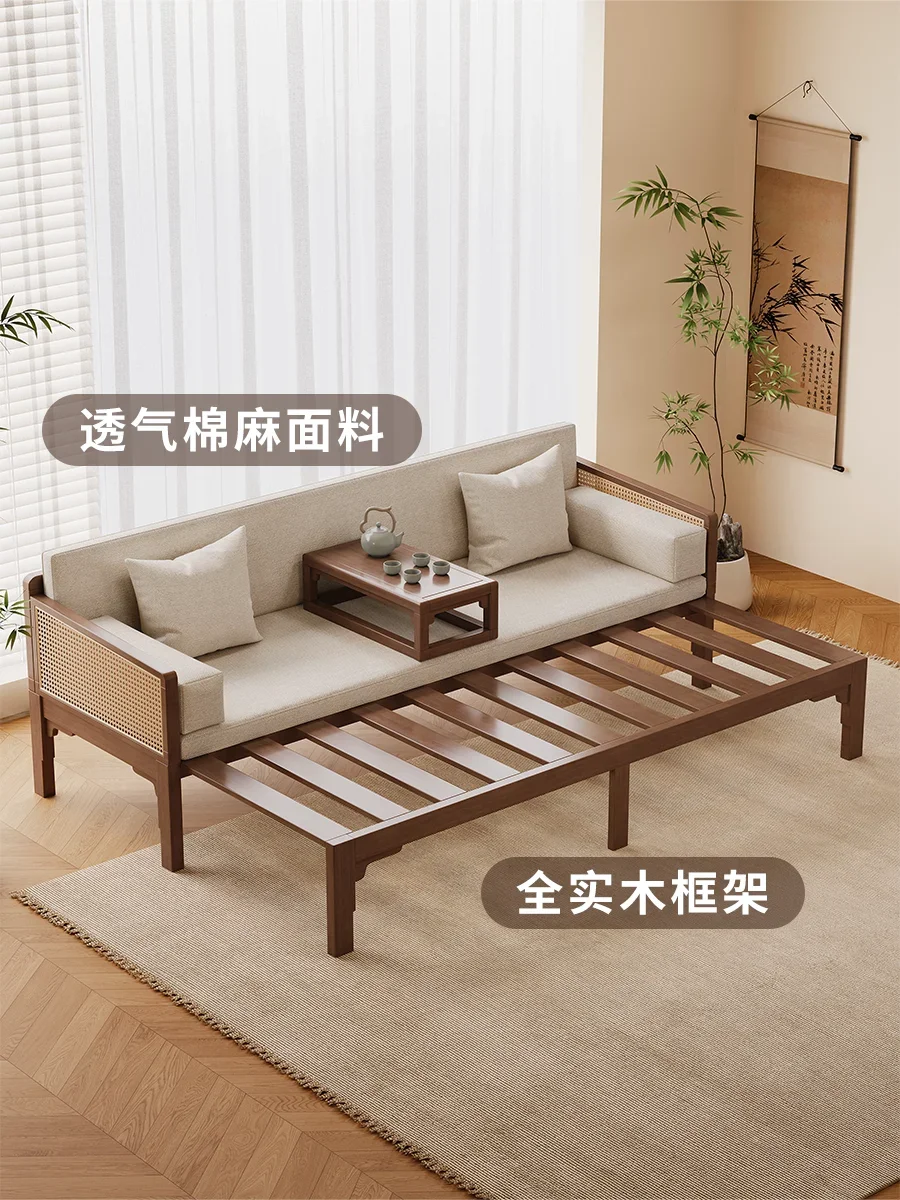 All solid wood Arhat bed New Chinese rattan Arhat couch Song Dynasty aesthetic sofa bed Dual-purpose Zen princess push-pull bed