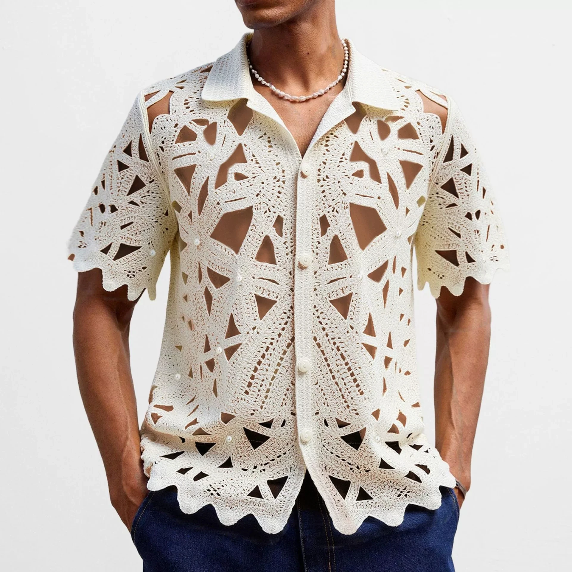 

Men's Summer New Luxury Fashion Hand Hook Hollow Short Sleeve Knitted Shirt for Leisure Vacation Versatile Polo Shirt