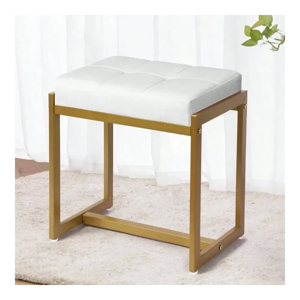 Stool, Vanity Chair Stools Makeup Room, Faux Leather Small Makeup, Modern Gold Metal Ottoman Foot Rest Bedroom Living Room, Whi
